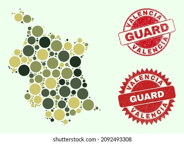 Vector round items combination Valencia Province map in camouflage colors, and textured stamp prints for guard and military services. Round red watermarks have phrase GUARD inside.