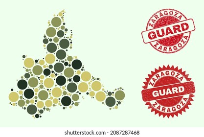 Vector round items combination Zaragoza Province map in camo colors, and unclean watermarks for guard and military services. Round red watermarks contain phrase GUARD inside.