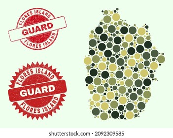 Vector round items composition Flores Island of Azores map in khaki hues, and corroded watermarks for guard and military services. Round red imprints contain phrase GUARD inside.