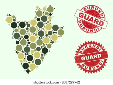 Vectores redondeados mosaicos mapa de Burundi en colores caqui, y marcas de agua no limpias para servicios de guardia y militares. Las marcas de agua rojas redondas tienen la frase GUARD dentro.