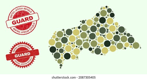 Vector round items mosaic Central African Republic map in camouflage colors, and unclean seals for guard and military services. Round red watermarks contain word GUARD inside.
