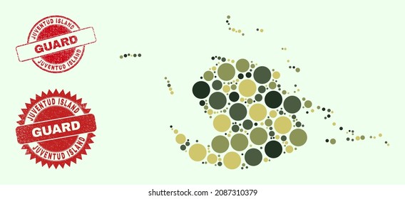 Vector round items mosaic Juventud Island map in camo colors, and corroded stamp imitations for guard and military services. Round red stamp seals contain phrase GUARD inside.