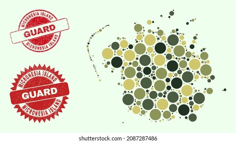 Vector round items mosaic Micronesia island map in camo colors, and dirty seals for guard and military services. Round red stamps include word GUARD inside.