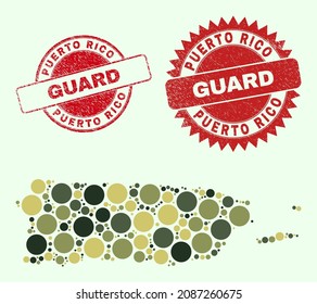 Vector round items mosaic Puerto Rico map in camouflage hues, and textured badges for guard and military services. Round red watermarks include word GUARD inside.