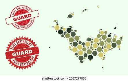 Vector round items mosaic Saint Barthelemy map in camouflage hues, and corroded stamp seals for guard and military services. Round red stamp seals include phrase GUARD inside.