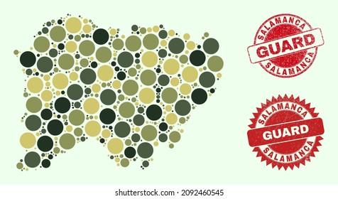 Vector round items mosaic Salamanca Province map in khaki colors, and textured stamps for guard and military services. Round red stamps have word GUARD inside.