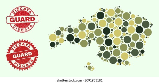 Vector round items mosaic Vizcaya Province map in camouflage colors, and corroded watermarks for guard and military services. Round red watermarks have word GUARD inside.
