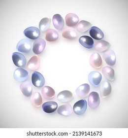 Vector Round Jewelry Frame. Pearl Gems of Various Shapes and Colors. Nacre Decoration. Isolated on White Background.