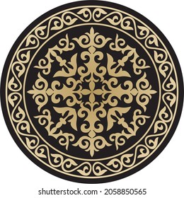 Vector alrededor del ornamento kazajo shanyrak. círculo dorado sobre fondo negro. Arte nómada, decoración yurta
