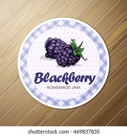 Vector round label, blackberry  jam on a wooden background