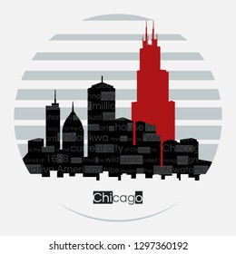 Vector round label. Chicago silhouette against the sun.