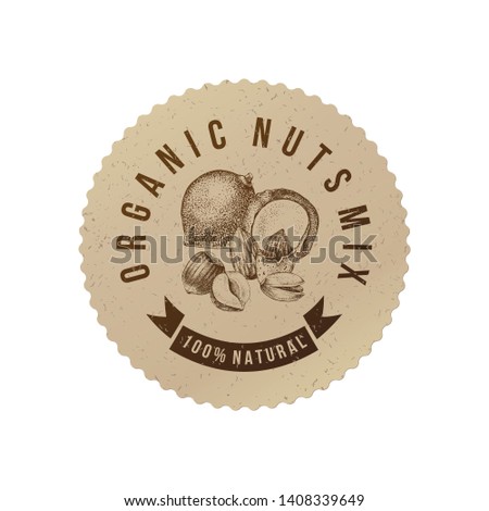 Vector round label in eco style with type design and hand drawn nuts