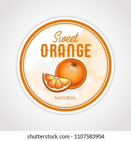 Vector round label of fruits on watercolor background, orange
