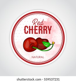 Vector round label of fruits on watercolor background, red cherry