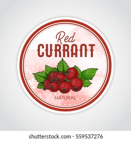 Vector round label of fruits on watercolor background, red currant