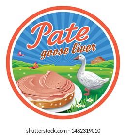 Vector round label for goose liver pate with the image of a white goose and sandwich with goose liver pate