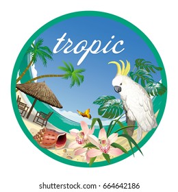 Vector round label with a picture of a tropical beach, Orchid and a white parrot cockatoo