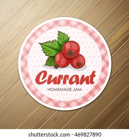 Vector round label,  red currant jam on a wooden background