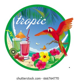 Vector round label with  two cocktails, flowers and a red parrot
