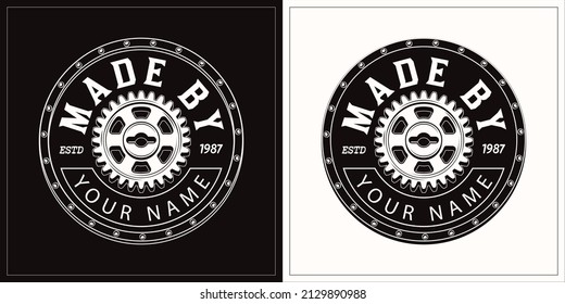 Vector round label with white gear, metal rail, rivets, text Made by. Emblem for handmade goods. Steampunk style. Good for craft design.