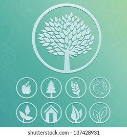 Vector round labels with tree and nature icons - set with ecology signs and symbols