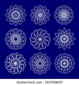 Vector round light white snowflakes geometric strokes lines patterns on blue background 
