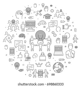 Vector round line banner for teamwork. Modern linear creative style for collaboration. Open path.