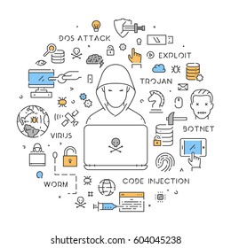 Vector round line concept of hacking. Modern web linear background for cybercrime.