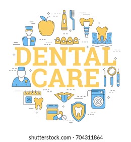 Vector round linear concept of DENTAL CARE with outline icons. Teeth, tools, treatment, professional health care and orthodontics, implants in blue and yellow colors