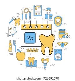 Vector round linear concept of dental care with outline icons. Molar and calendar in center. Teeth, tools, treatment, professional health care and orthodontics, implants in blue and yellow colors