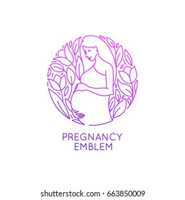 Vector round logo design template and emblem in trendy linear style - pregnancy and maternity - happy pregnant woman with flowers and leaves - natural and healthy motherhood concept 