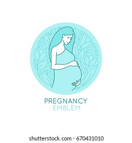 Vector round logo design template and emblem in trendy linear style - pregnancy and maternity - happy pregnant woman with flowers and leaves - natural and healthy motherhood concept 