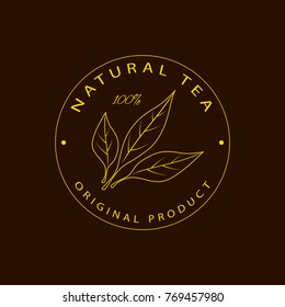Vector round logo, emblem - beauty and cosmetics oil - tea. Logotype in linear style