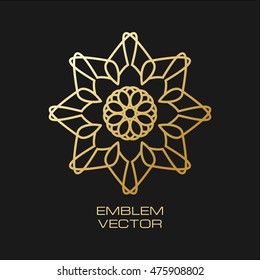 Vector round logo and monogram design template in linear style and golden colors on black background in the form of a flower abstract emblem for packaging or greeting card. Suitable for laser cutting.
