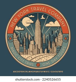 Logo de la ronda de vectores New York Travel Company, emblema Magic City Trips, insignia vintage One Day Tour. Elegante juego de letras y números de alfabeto. Tipo de letra retro