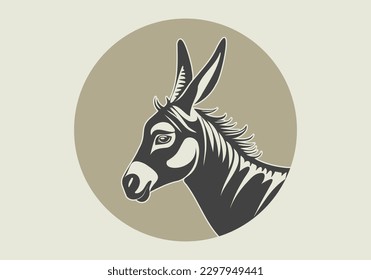 Vector round logo. Simple graphical monochrome donkey, side view on isolated background. Sticker, icon or label.