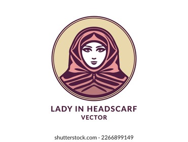 Vector round logo. A simple portrait of a lady in a headscarf. Isolated white background.