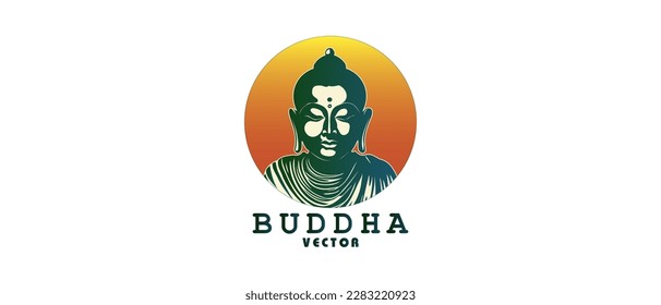 Vector round logo, simple stencil of stylistic Buddha with sun. White isolated background. Sticker, icon or emblem.