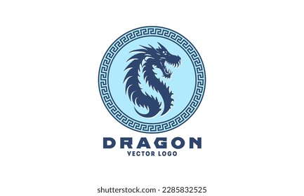 Vector round logo. Stylistic simple framed blue dragon stencil. Sticker, icon or emblem. White isolated background.