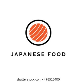 Vector round logotype for Japanese cuisine. Ethnic asian food. Red fish, sushi. Shape of fish salmon or tuna roll.