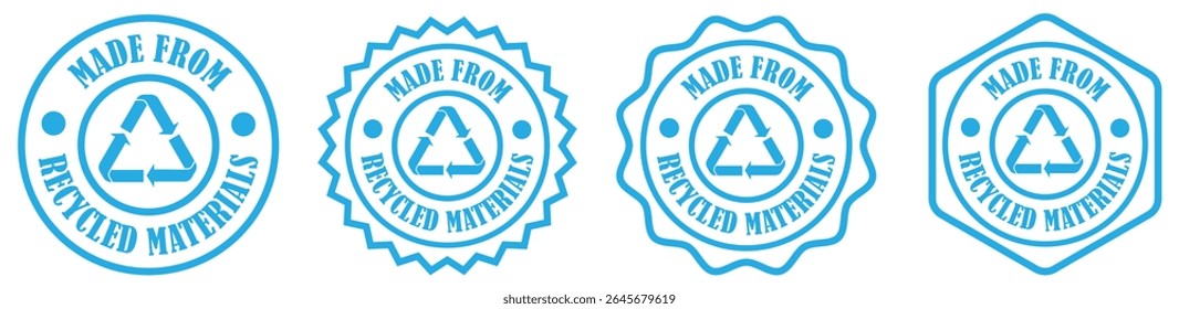 Vector round made with recycled materials label set on white background. Recycle logo badge for eco products. Made from recycled materials stamp. Recycled material icon for packaging. Vector