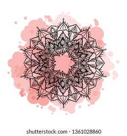 Vector round mandala black hand drawing on pink spot textured card isolated on white background
