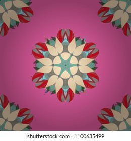 Vector round mandala in childish style. Ornamental doodle pink, beige and red colors. Vector nature seamless pattern with abstract ornament.
