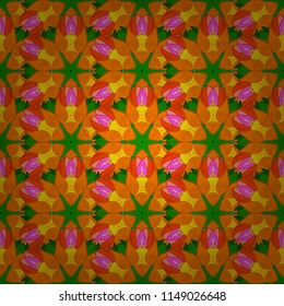 Vector round mandala in childish style. Ornamental doodle orange, green and pink colors. Vector nature seamless pattern with abstract ornament.