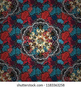 Vector round mandala in childish style. Ornamental doodle black, blue and pink colors. Vector nature seamless pattern with abstract ornament.