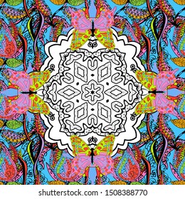Vector round mandala in childish style. Ornamental doodle white, black and blue colors. Vector nature seamless pattern with abstract ornament.