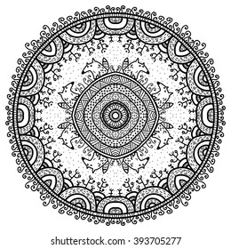 Vector round mandala in childish style with forest and foxes. Nature print in doodle style.