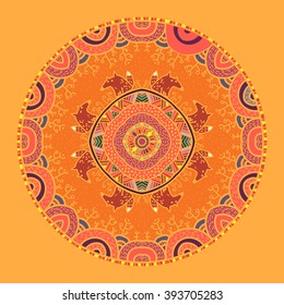 Vector round mandala in childish style with forest and foxes. Nature print in doodle style.