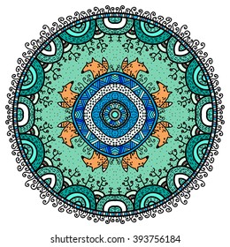 Vector round mandala in childish style with forest and foxes. Nature print in doodle style.