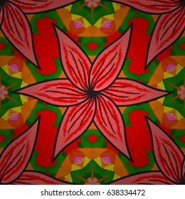 Vector round mandala in childish style. Ornamental doodle red background. Vector nature seamless pattern with abstract ornament.